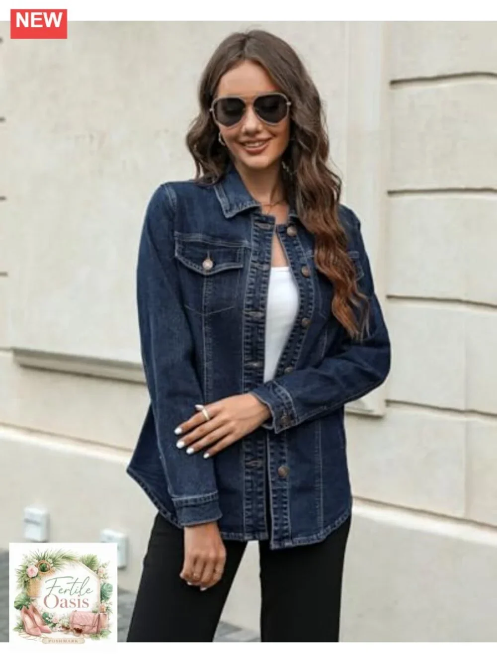 Women's Oversized Denim Shacket with Pockets - Medium Stretch Button Up Long